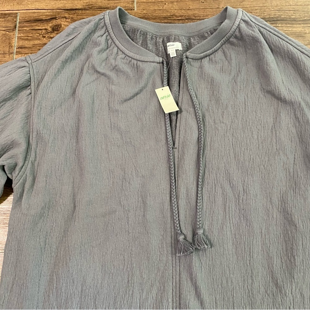 NWT Aerie Gray Oversized V-Neck Sweatshirt with braided Drawstrings - Picture 6 of 10